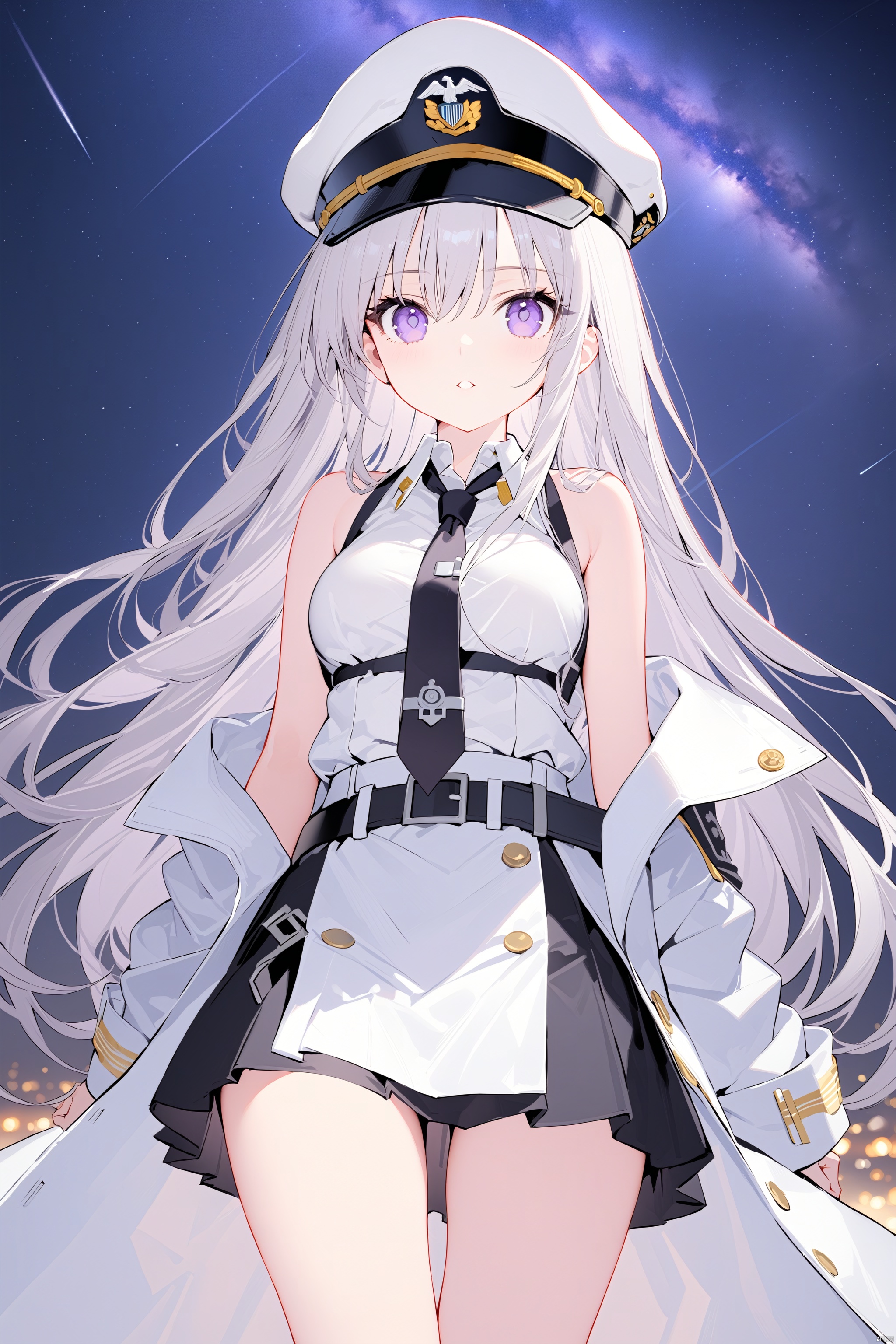 (masterpiece),(best quality),1girl, bare_shoulders, belt, black_belt, breasts, coat, enterprise_\(azur_lane\), hat, long_hair, looking_at_viewer, necktie, open_clothes, parted_lips, peaked_cap, purple_eyes, shirt, silver_hair, skirt, sleeveless, sleeveless_shirt, solo, star_\(sky\), starry_sky, underbust, very_long_hair, white_headwear