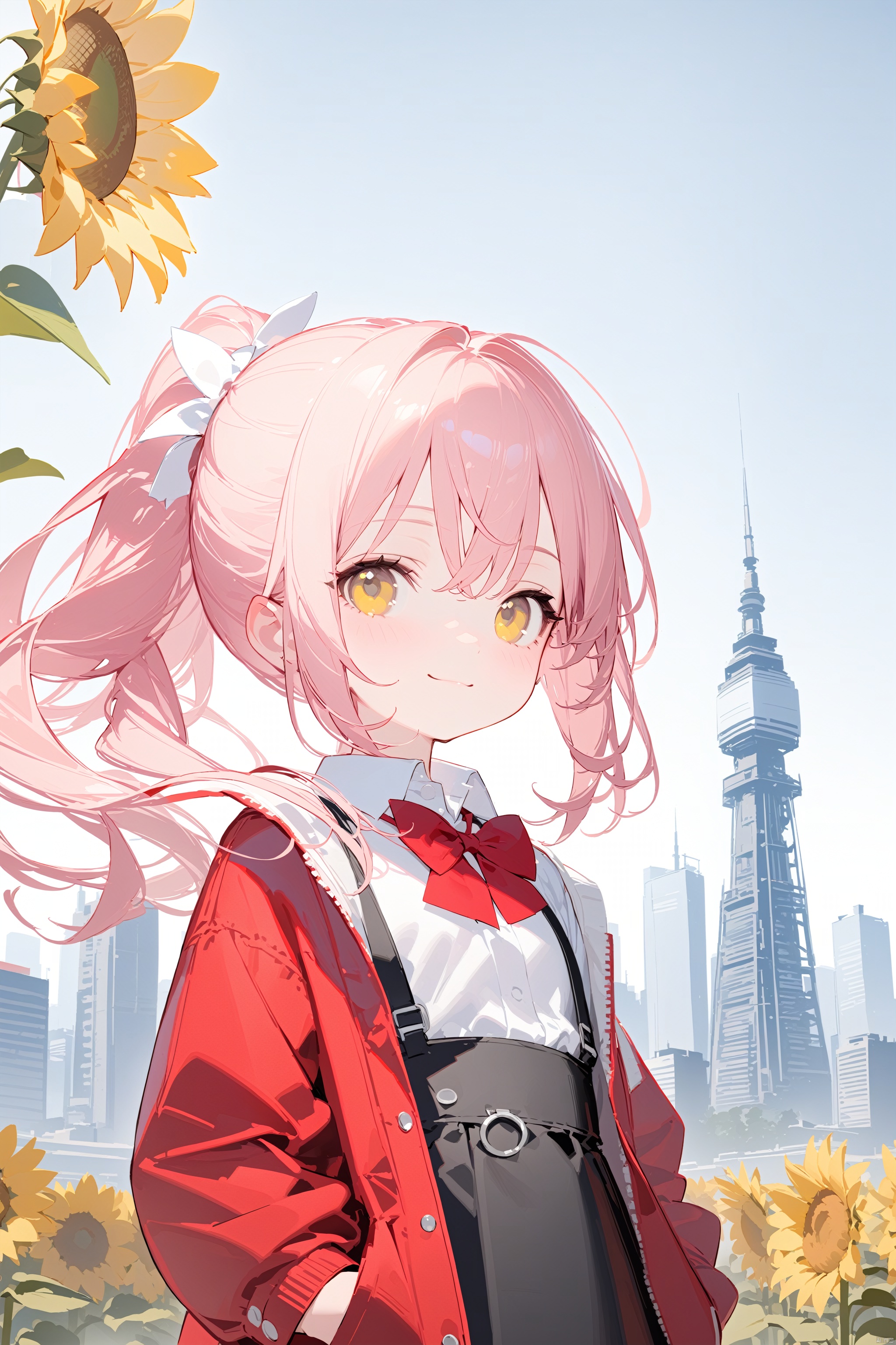 (masterpiece),(best quality),(loli：1.2),(petite:1.2),long hair,Pink hair,Yellow eyes, (red Jacket),high ponytail,white collared shirt,hair flower,fipped hair,floating hair,Frown,hands in pockets,black dress,red bowtie,(solo),sky, skyline, skyscraper, smile, solo, sunflower, tower, upper_body,white flower