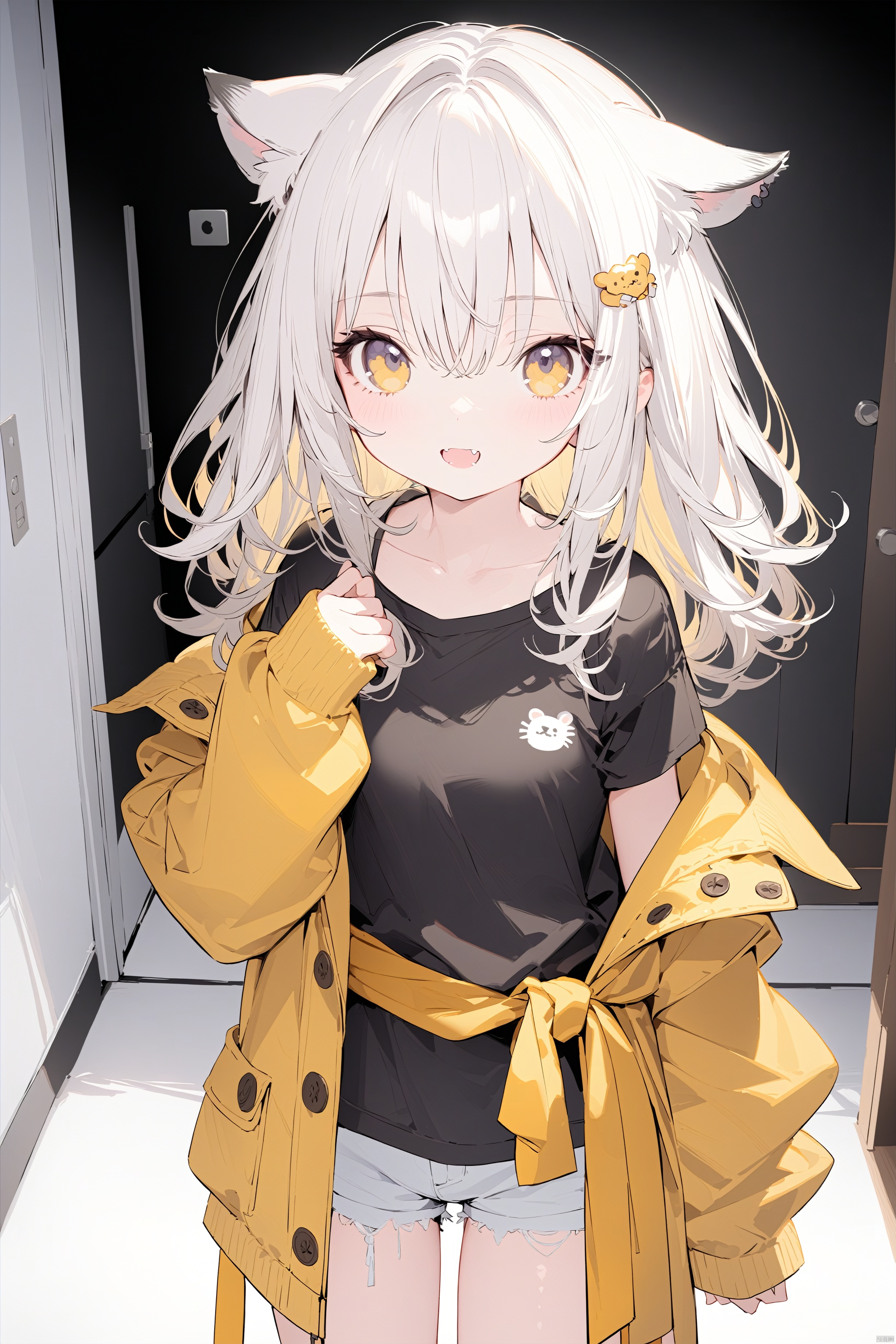  (masterpiece),(best quality),loli,petite,medium breast,(panorama:1.2),causticstail,disheveled hair, messy hair, long bangs, floating hair,highleg,{{short shorts}},solo,{an extremely delicate and beautiful}++++loose clothes,(black t-shirt:1.4)++,hairclip,++(animal print:1.2)++++Yellow eyes,white hair,tiger ears,fang out,{beautiful eyes},yellow jacket around waist,solo,cozy anime