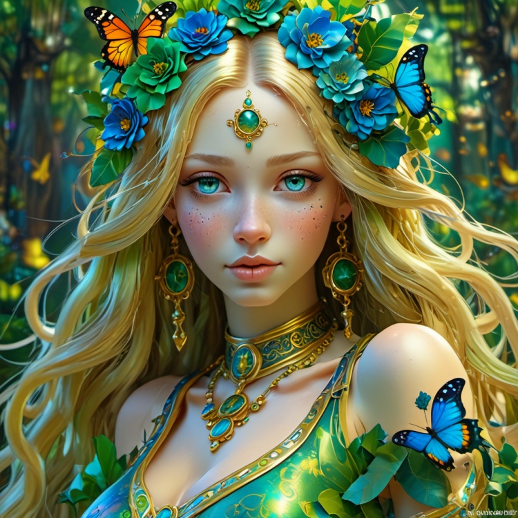  ( 3D :1.0),( 2.5D :1.0),( reality :1.),
Transcendent eyes,Joyful,Happy,Exciting,


digital painting, luminism, golden lines, BjD doll face, porcelain skin, baroque, long swirling green hair, lavish green leaves, falling blue flowers, celestial lighting, butterflies, tree branches, sky, golden glowing, water drops,

best quality, masterpiece, high res, absurd res,
perfect lighting, vibrant colors, intricate details,
high detailed skin, pale skin,
