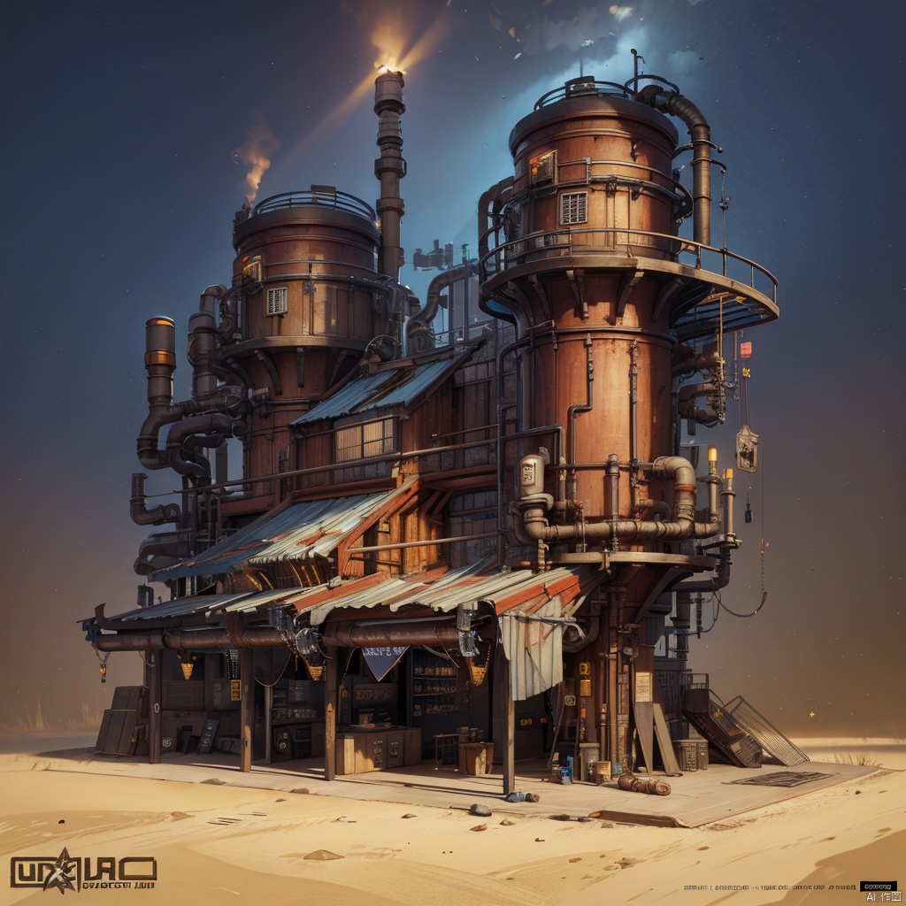 (masterpiece:1.2), best quality, masterpiece, cyber style factory, metal texture, complex pipe composition, rich details, metal hoses, gears, metal sheets, complexity, perfect lighting, CG,realism,unreal engine,concept art,building,