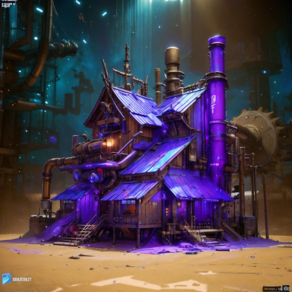 (masterpiece:1.2), best quality, masterpiece, cyber arsenal, metal texture, complex pipe composition, rich details, metal hoses, gears, metal sheets, complexity, perfect lighting, CG,realism,unreal engine,concept art,building, rendering, ,Blue purple tone, starry background, cool,3d, hyper-realistic