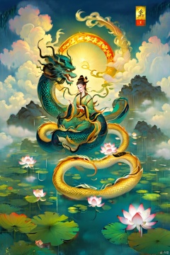  A girl, snake body, lotus, pond, fantasy, romance, mythology, Chinese dragon, clouds, smoke, shenhua