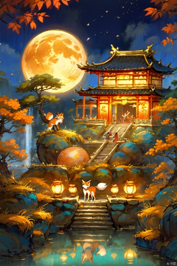 looking at viewer, full body, outdoors, sky, blurry, orange eyes, pokemon \(creature\), no humans, night, leaf, watermark, moon, full moon, lantern, stairs, architecture, animal focus, east asian architecture, fox