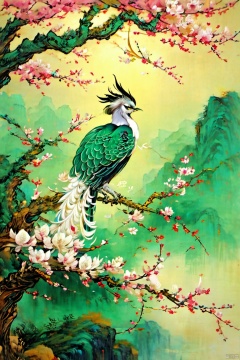 shanhaijing,Phoenix, white and green feathers, solo, peach blossom, no humans, branches