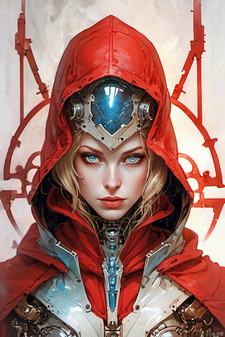 1girl,EA post apocalyptic portrait photo of a red hooded woman, (((front view))), blue eyes,beautiful female, beautiful face, biomechanical android with translucent lingerie armor,scientific illustration,white backgorund,alabaster skin,perfect face