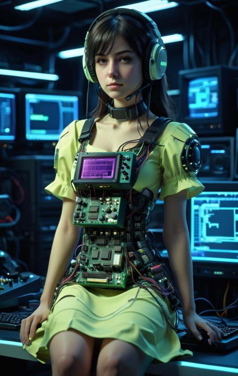 mboard artstyle,  gamergirl dressed up in a dress made out of video game consoles on Tensor.Art