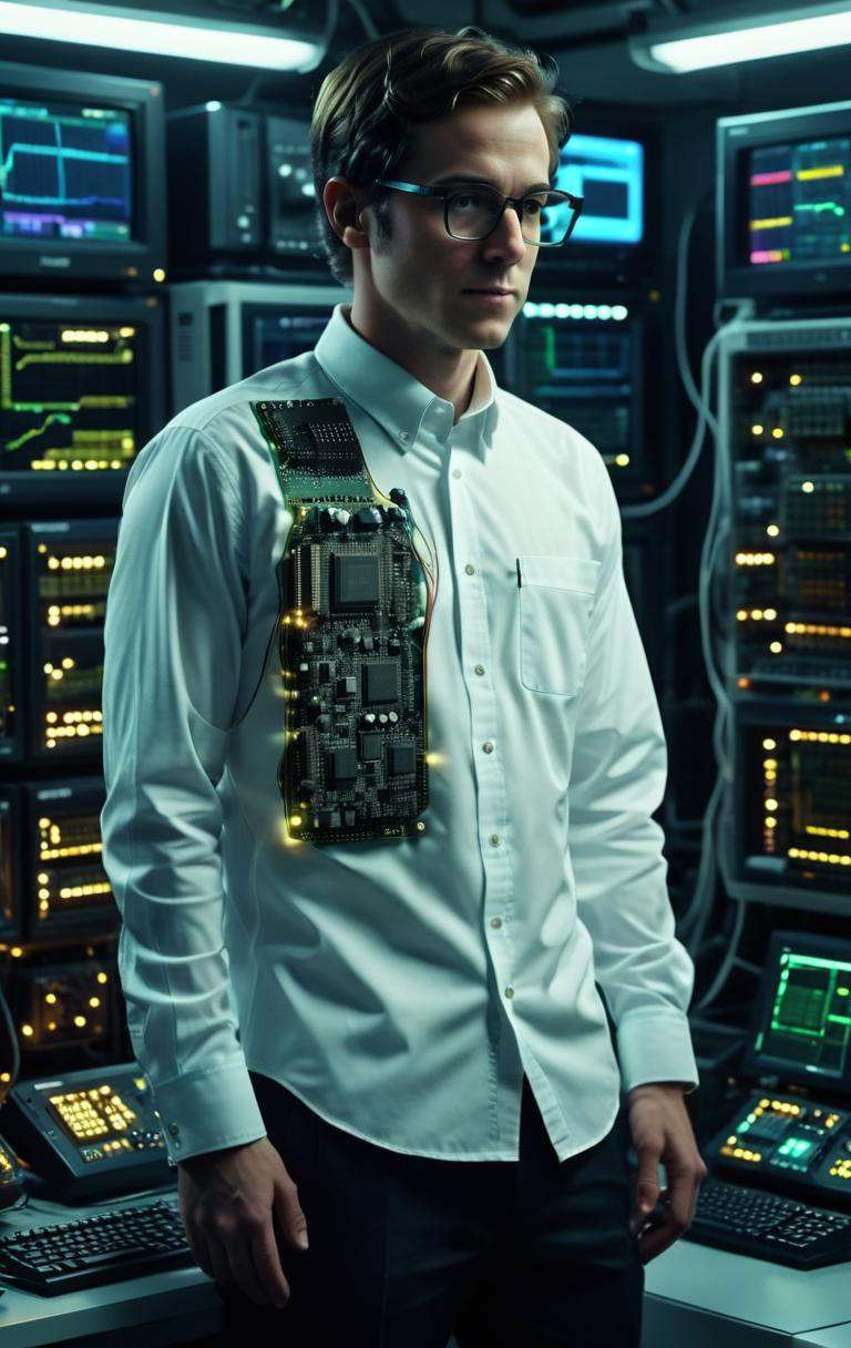 mboard artstyle,  nerd with circuits all over his white shirt. flashing lights. modern. on Tensor.Art