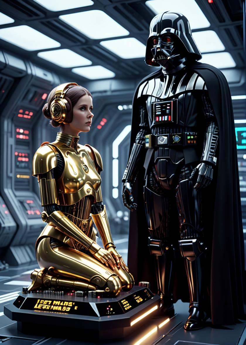 Star Wars remake,  mboard artstyle,  scene featuring Darth Vader and Princess Leia as a robot on Tensor.Art