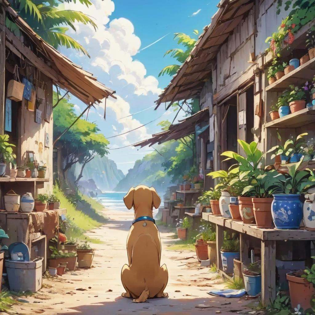 Dreamyvibes artstyle,  a lost dog looks up at a small pottery store on the side of a road near the beach. by D.Slater on T...