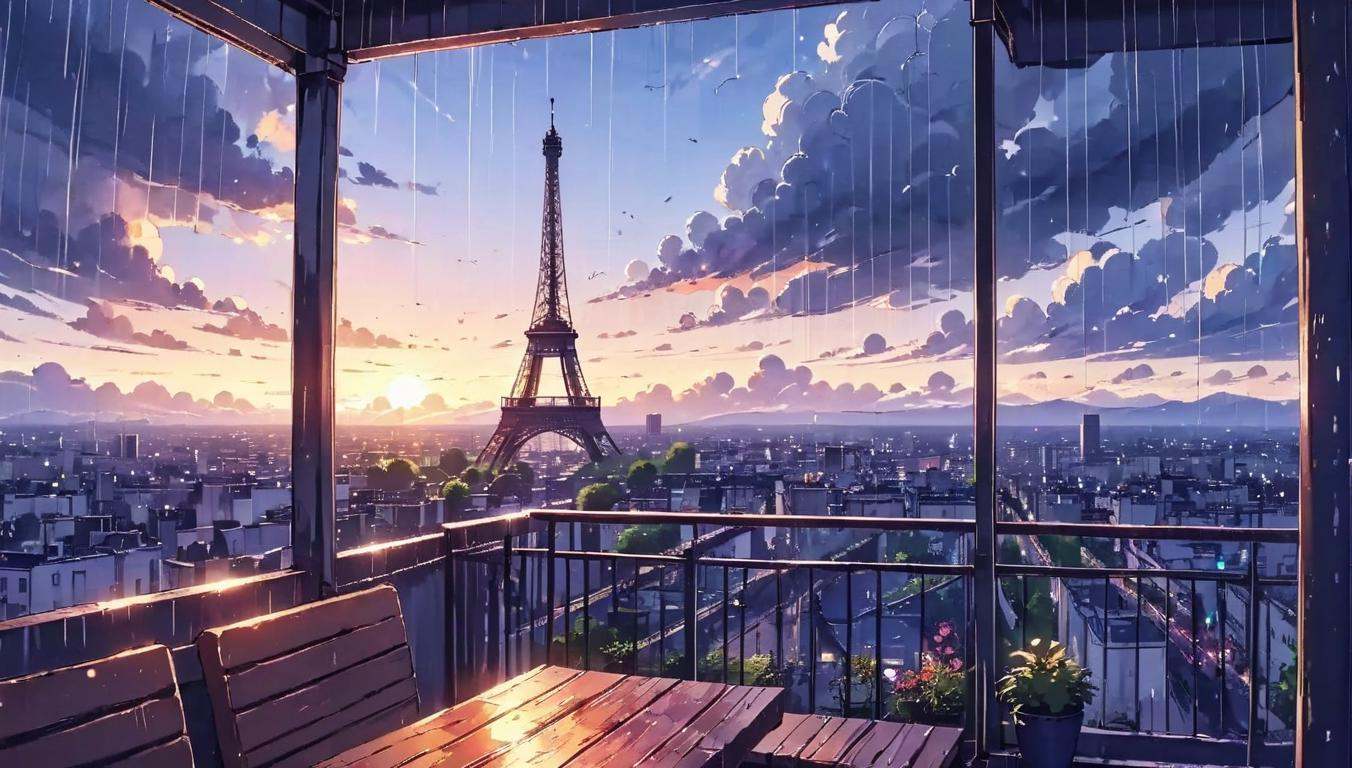 Dreamyvibes artstyle,  watching heavy rain from the top of the eiffel tower. by D.Slater on Tensor.Art