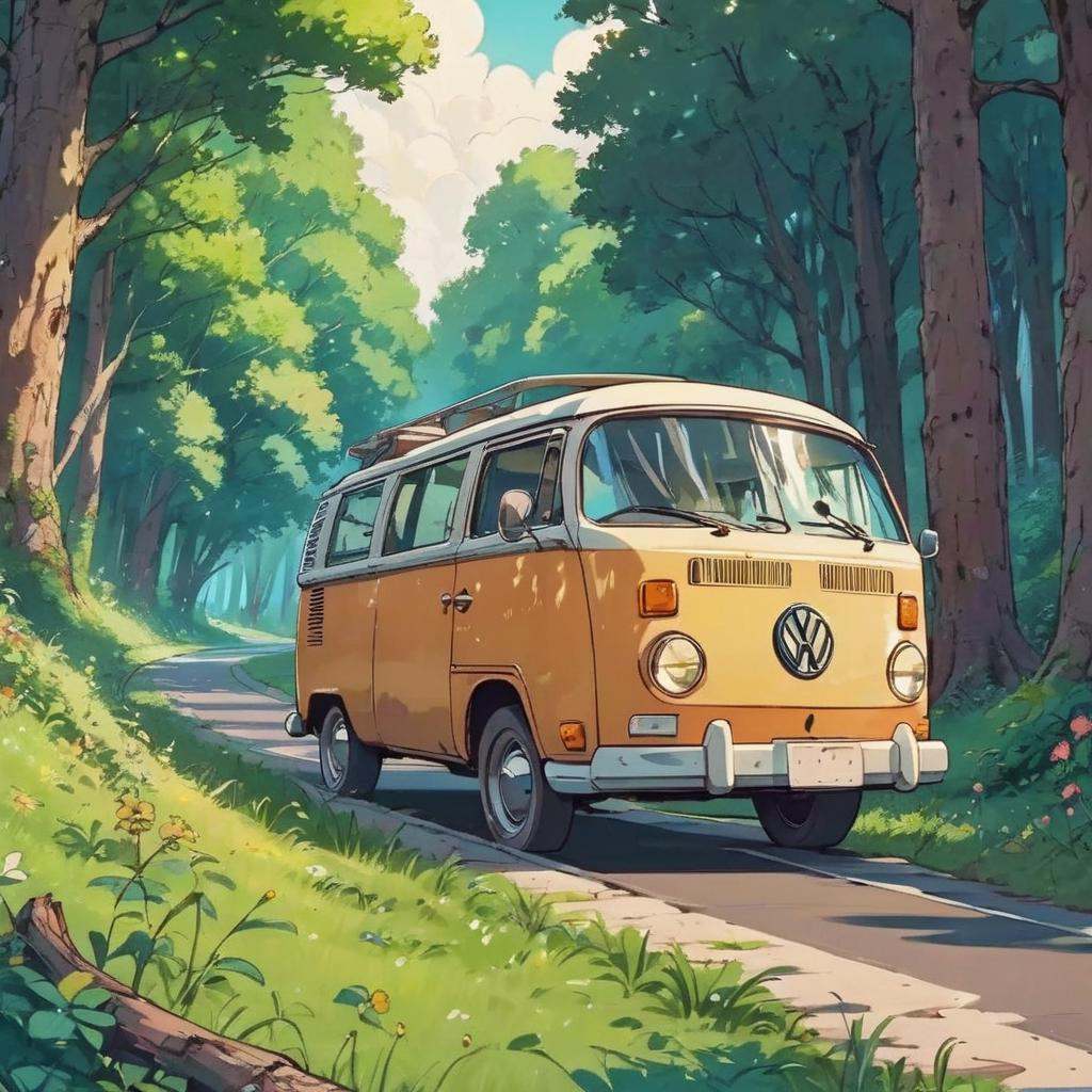 Dreamyvibes artstyle,  A VW van rounds a curve in the road in a woodsy new york state backroad. by D.Slater on Tensor.Art