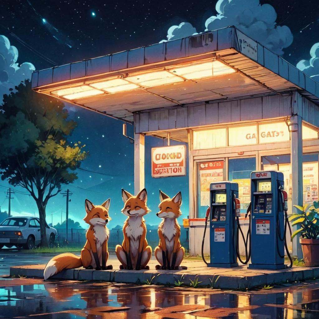 Dreamyvibes artstyle,  two foxes examine a closed gas station late at night. by D.Slater on Tensor.Art