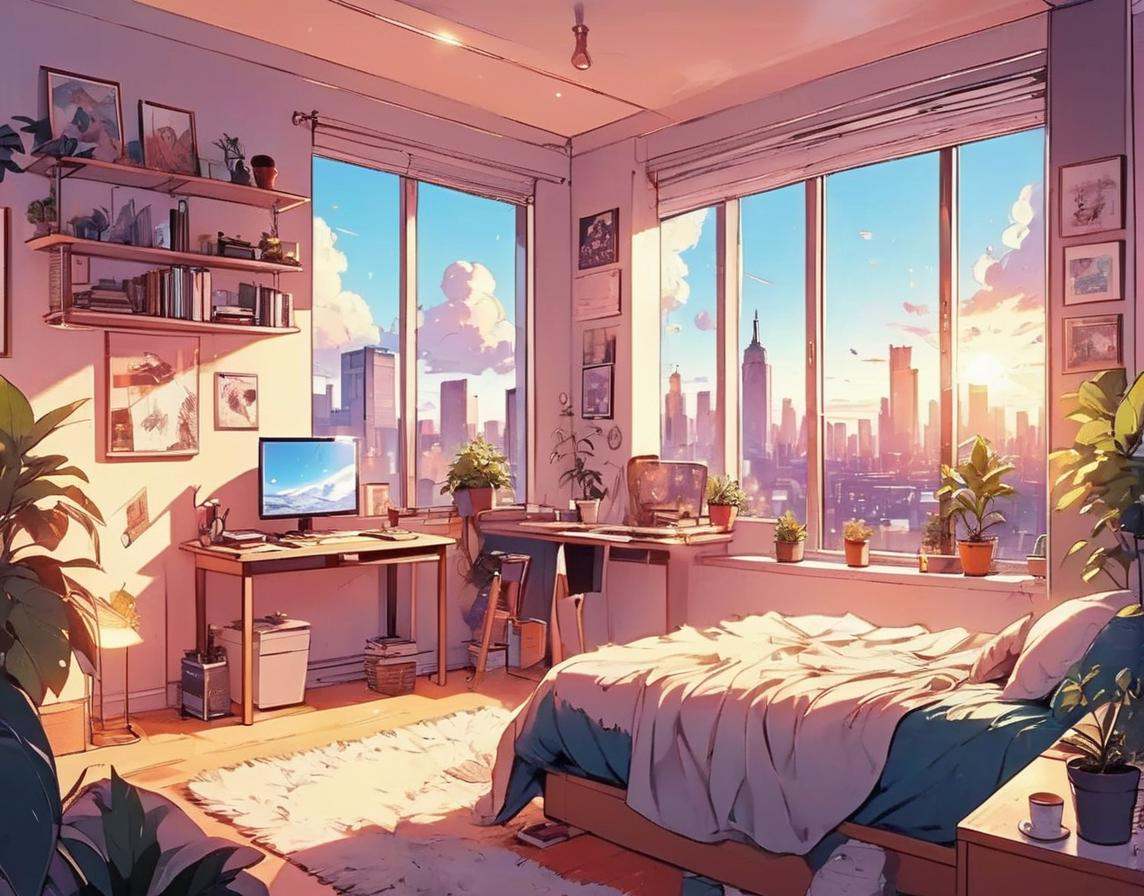 Dreamyvibes artstyle,  a modern single room New York city apartment with furniture suitable for a young ***** and his comp...