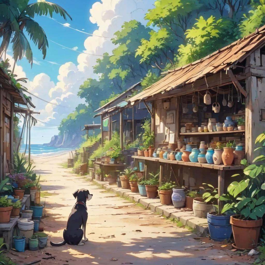 Dreamyvibes artstyle,  a lost dog looks up at a small pottery store on the side of a road near the beach. by D.Slater on T...