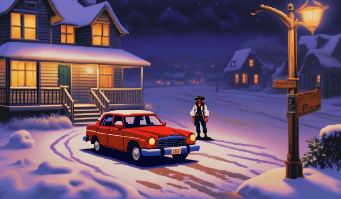 cars parked in a snowy street at night with a house in the background. lcas artstyle. dusk setting. A weary pirate adventu...