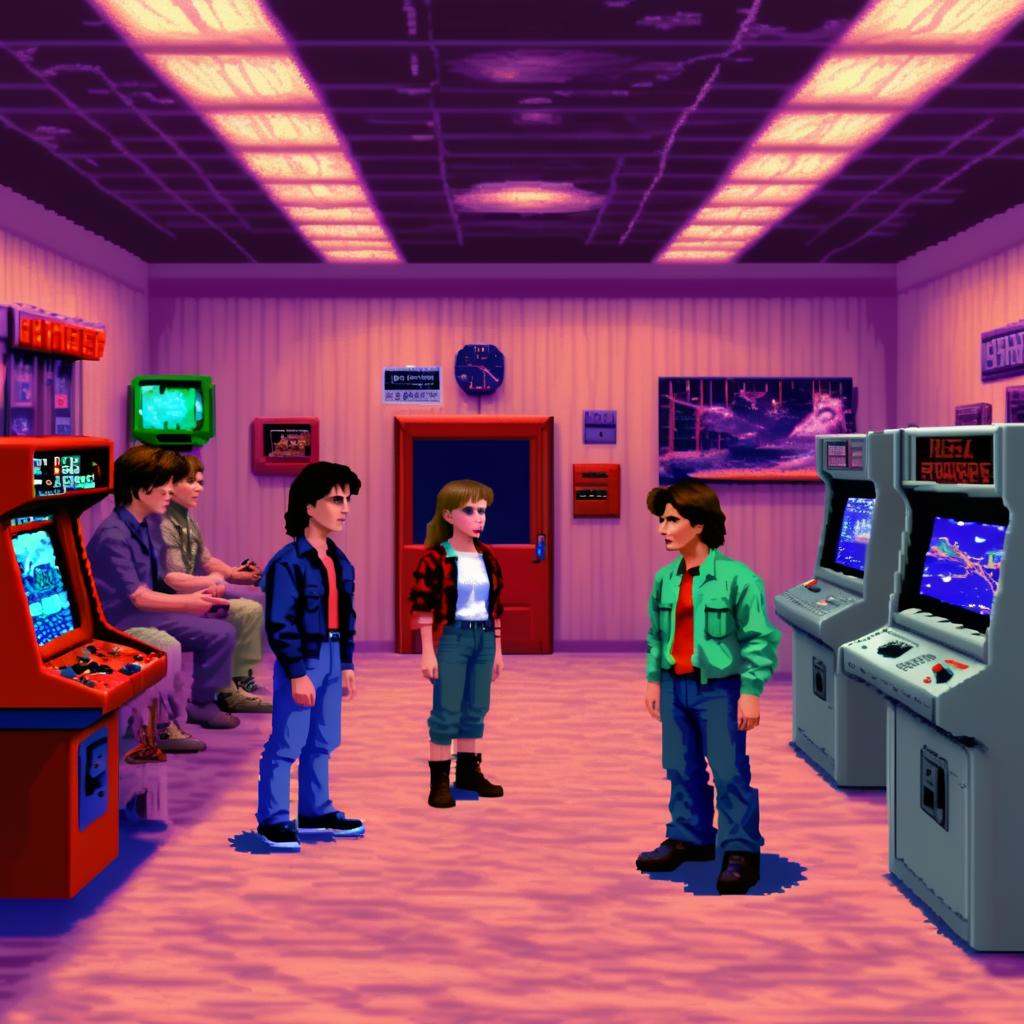 ((lcas artstyle)),  the cast of Stranger Things is talking to E.T. in a video arcade. on Tensor.Art