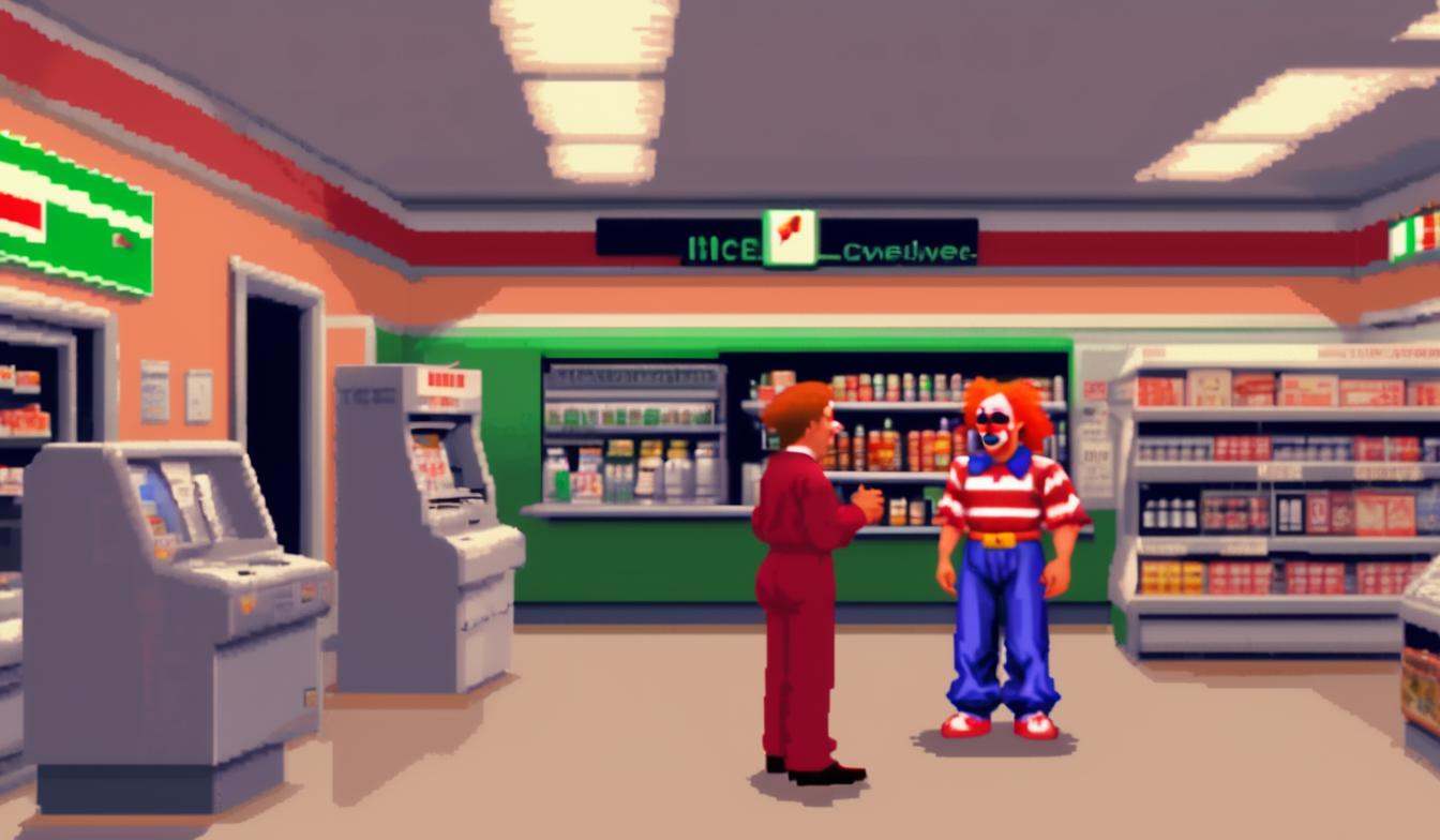 A clown and a woman are yelling at each other inside a 7-11 convenience store. lcas artstyle. on Tensor.Art