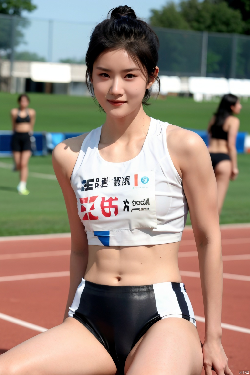  short hair, multiple girls, black hair, navel, 2girls, solo focus, midriff, blurry, crop top, blurry background, watermark, hands on hips, realistic, track and field, Lying down