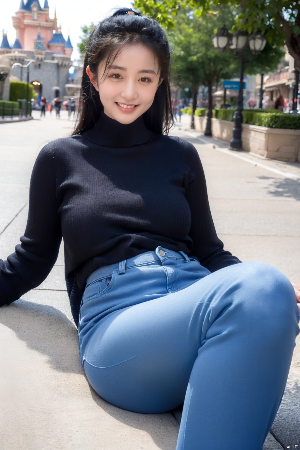  1girl, smiling,Realistic movie lighting,grey turtleneck sweater(((skindentation),(skin tight)),ultradetailed,8K,detailed face,photorealistic,1girl,long hair,solo,fullbody,complex background, look at the viewer, detailedbackground,sweating details,realistic, fullbody,long legs,real,Lacrimal nevus,realism, Delicate glowing skin,masterpiece,bestquality,distant view,depth of field,dynamic perspective,Perfectly proportioned figure,Detailed skin description, black jeans,street,daytime,good weather,Disneyland Park in the background, Lying down