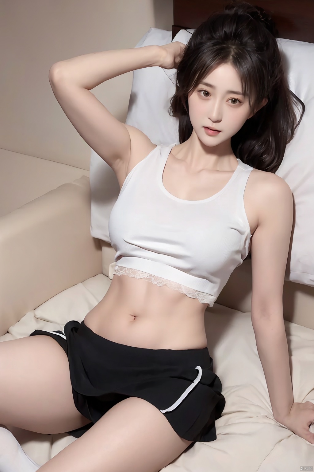  1girl,skinny,fair_skin,black hair,collarbonea,bare shoulders,chest,navel,taut_shirt,lace-trimmed_skirt,socks, Lying down