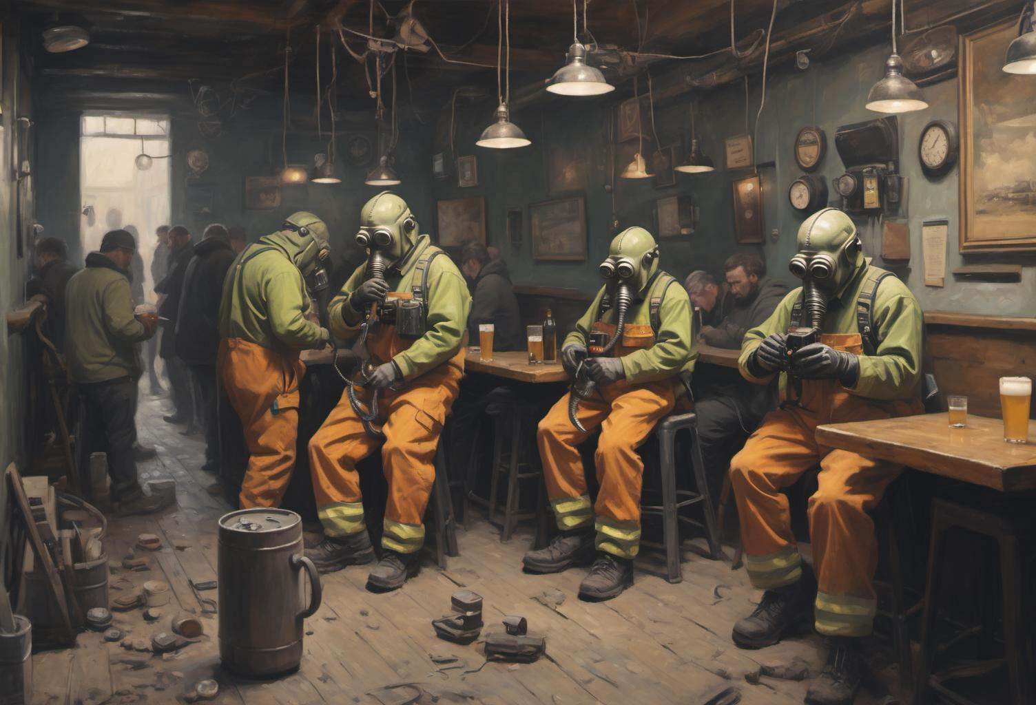 grbtw artstyle,  A few construction workers stopping at an Irish pub on their way home from work for a beer. on Tensor.Art