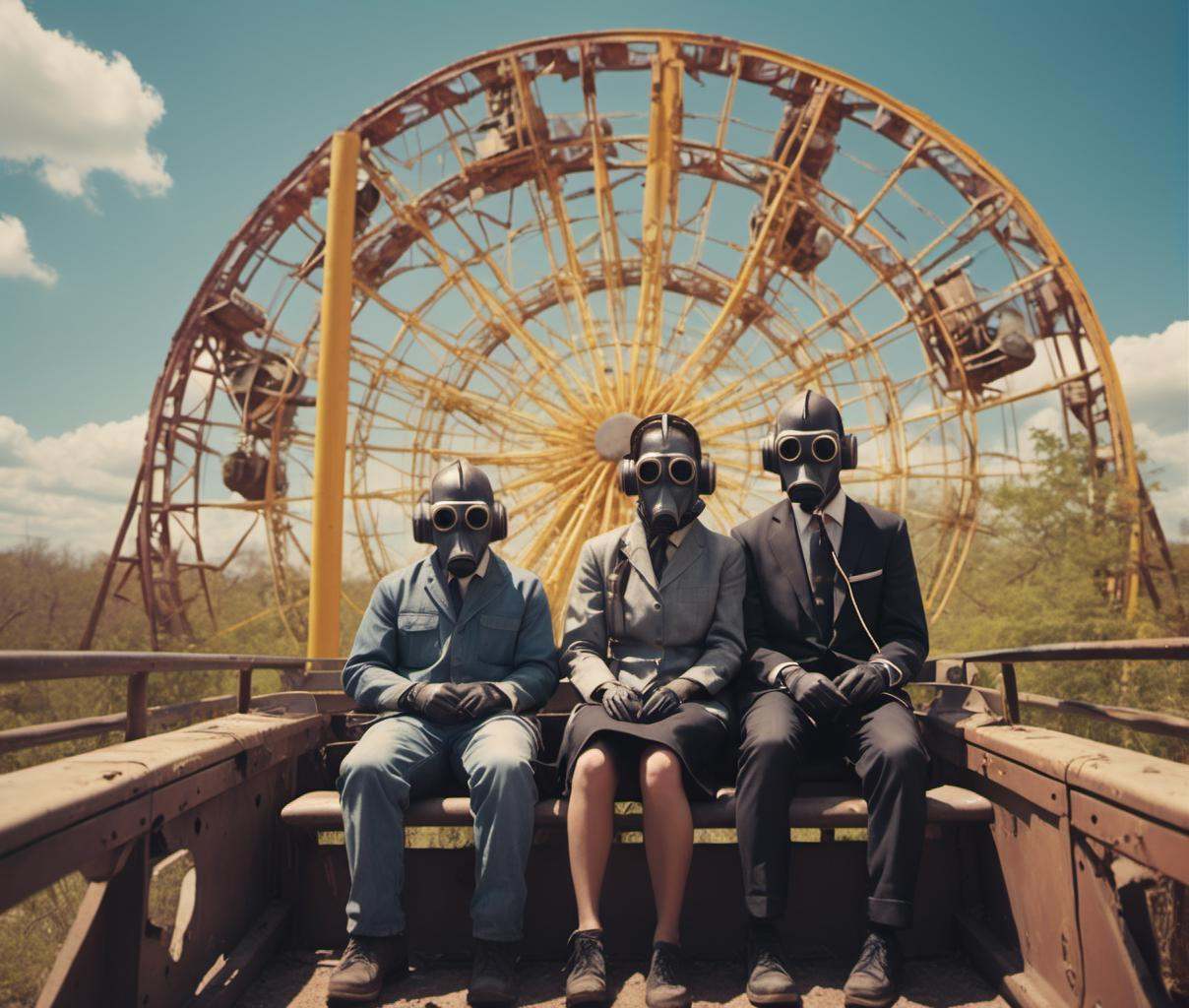grbtw artstyle,  a couple riding a rollercoaster in an abandoned theme park in New Orleans. Sunny day. on Tensor.Art