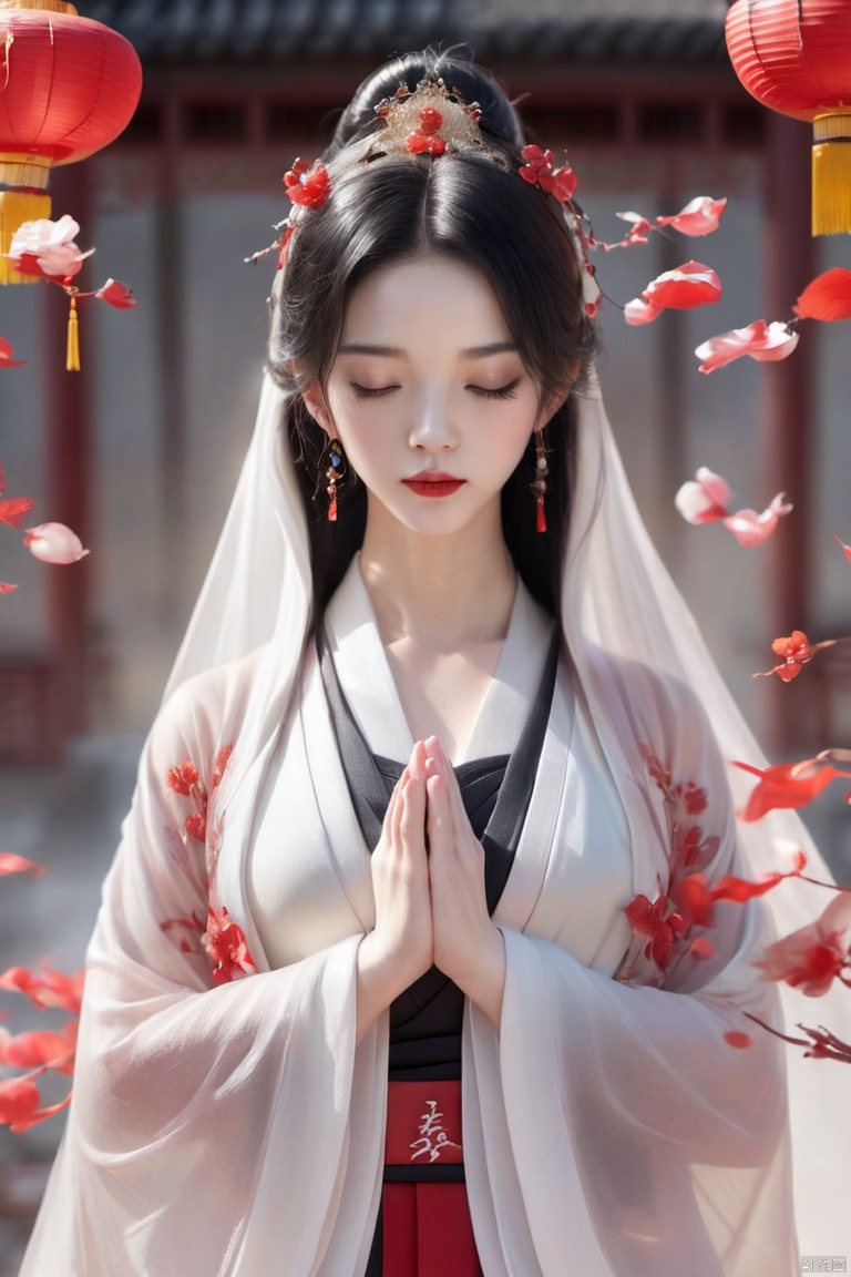 JLSJ,1girl,solo,black hair,hair ornament,long sleeves,jewelry,closed mouth,closed eyes,upper body,wide sleeves,necklace,blurry,petals,facial mark,chinese clothes,own hands together,veil,forehead mark,
red lips,praying,hanfu,(immortal:1.05),