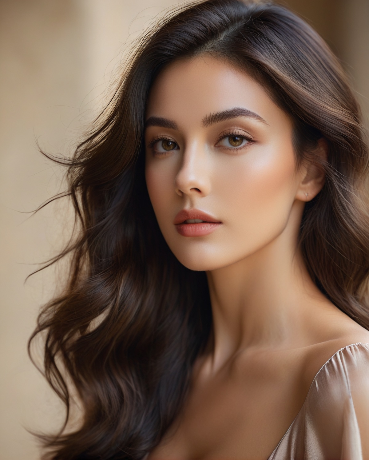 A stunning portrait of a young,  fashionable brunette woman with a captivating gaze. Her features are delicate and refined...