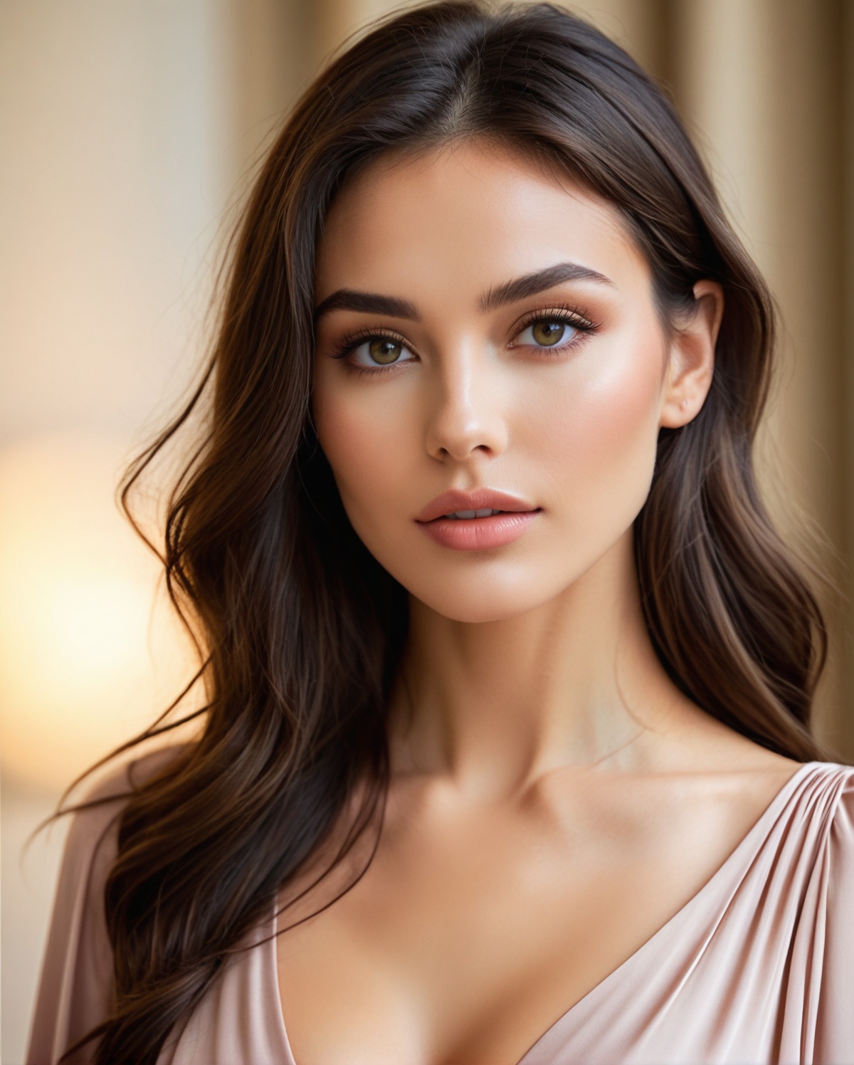 A stunning portrait of a young,  fashionable brunette woman with a captivating gaze. Her features are delicate and refined...