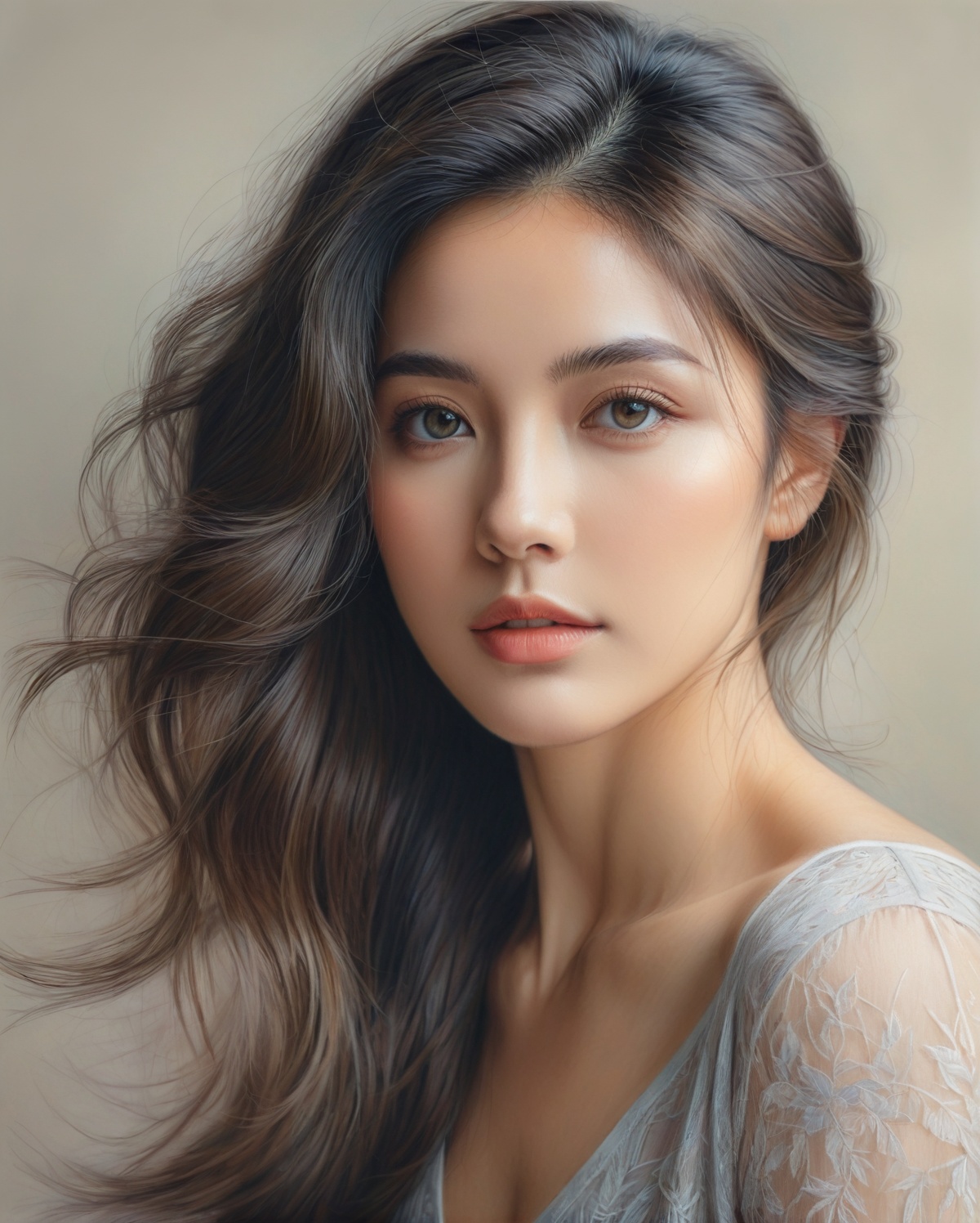 A beautifully rendered pastel color pencil art portrait of a woman with a captivating gaze. The illustration showcases her...