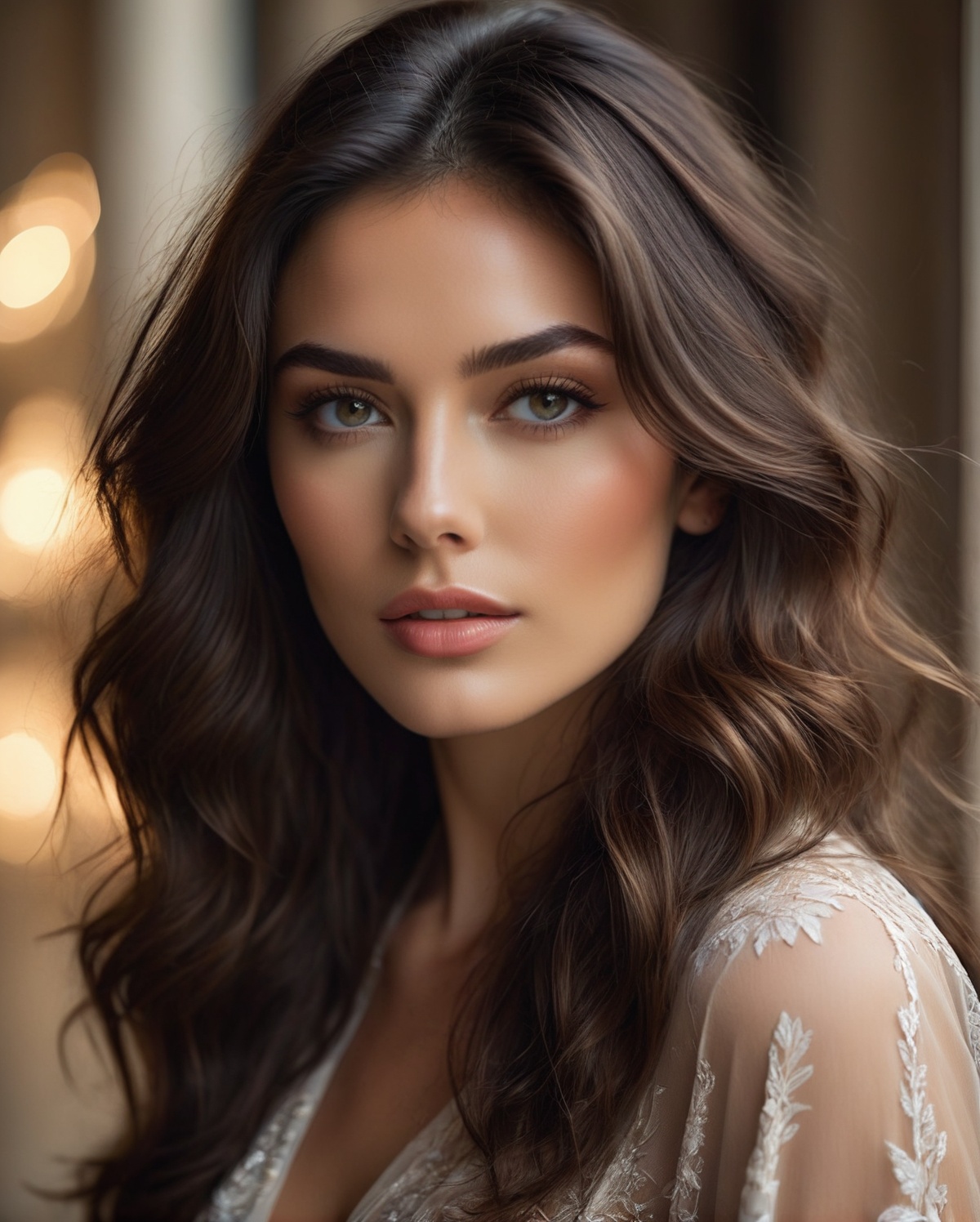 A stunning portrait of a young,  fashionable brunette woman with a captivating gaze. Her features are delicate and refined...