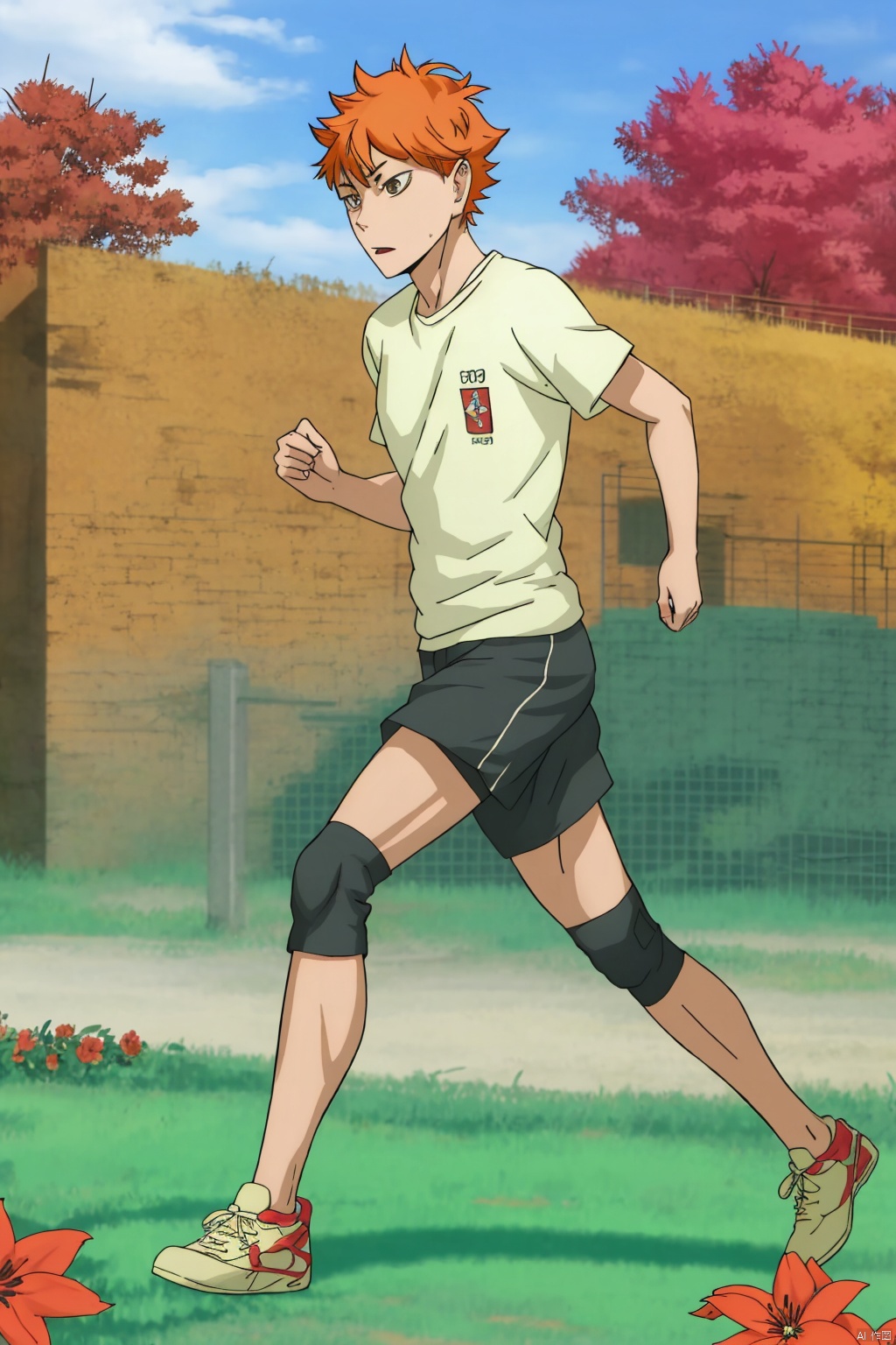  1boy, solo, white_shirt, full_body, outdoor, running, athletic filed, tree, flower, hinata shouyou