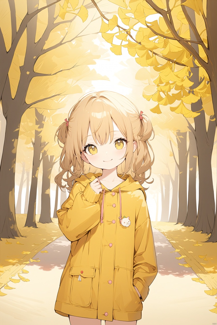  (masterpiece),(best quality),(loli),(petite),bpstyle,1girl,solo,outdoor,autumn leaves,forest,(ginkgo leaf), shot hair,smile,yellow clothes, bpstyle,tuyagirl