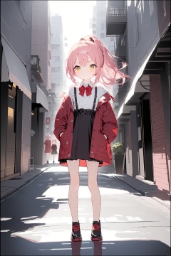  (masterpiece),(best quality),(loli),(petite),Pink hair,Yellow eyes, (red Jacket),high ponytail,white collared shirt,hair flower,fipped hair,floating hair,Frown,hands in pockets,black dress,red bowtie,(solo),full body,standing,street,city,focused,solo,backlight