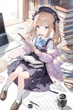  (masterpiece),(best quality),(loli),(petite),1girl, bangs, blue_eyes, book, book_stack, bookmark, brown_hair, clipboard, envelope, eraser, floating_book, grimoire, hair_ribbon, hat, holding, holding_book, holding_letter, holding_paper, holding_pen, inkwell, jacket, laptop, letter, library, loafers, long_hair, long_sleeves, love_letter, lying, manga_\(object\), map, mechanical_pencil, menu, newspaper, notebook, notepad, on_back, open_book, paper, paper_airplane, papers, parted_lips, pen, pencil, pencil_case, pinafore_dress, quarter_note, quill, reading, ribbon, school_uniform, sheet_music, shoes, sketchbook, skirt, socks, solo, tablet_pc, twintails, white_legwear