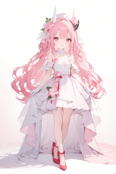  (masterpiece),(best quality),(loli),(petite),1girl, bare_shoulders, breasts, cleavage, collarbone, dress, flower, gloves, gradient, gradient_background, hair_ornament, high_heels, horns, long_hair, medium_breasts, pink_flower, pink_hair, pink_rose, pointy_ears, red_eyes, red_footwear, rose, single_horn, smile, solo, very_long_hair, white_gloves