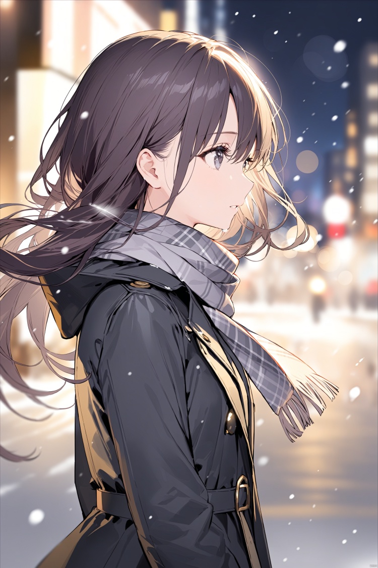  (masterpiece),(best quality),1girl, black_coat, black_hair, blurry, blurry_background, blurry_foreground, bokeh, city_lights, coat, depth_of_field, from_side, jacket, lens_flare, long_hair, long_sleeves, looking_away, motion_blur, outdoors, scarf, snow, snowing, solo, upper_body