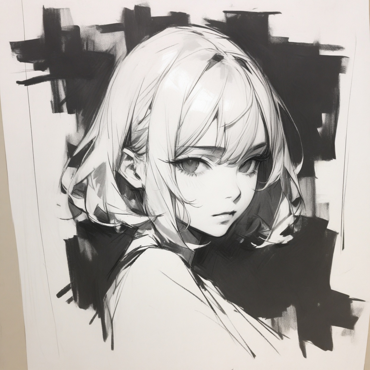 charcoal \(medium\), 1girl, solo, monochrome, greyscale, looking at viewer, portrait,  
masterpiece, best quality, aesthetic, 