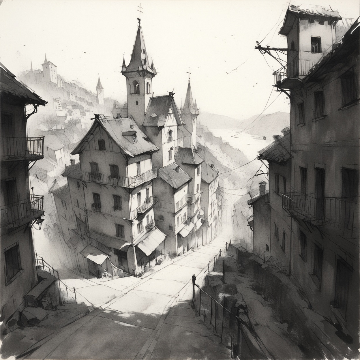 charcoal \(medium\), city, no humans, landscape, scenery,
masterpiece, best quality, aesthetic, 