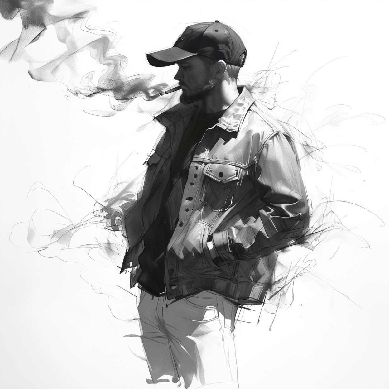 charcoal \(medium\), hat, monochrome, greyscale, solo, 1boy, male focus, jacket, cigarette, white background, pants, baseball cap, open clothes, open jacket, simple background, long sleeves, short hair, signature, shirt, from side, facial hair, cropped legs, profile , 
masterpiece, best quality, aesthetic, 