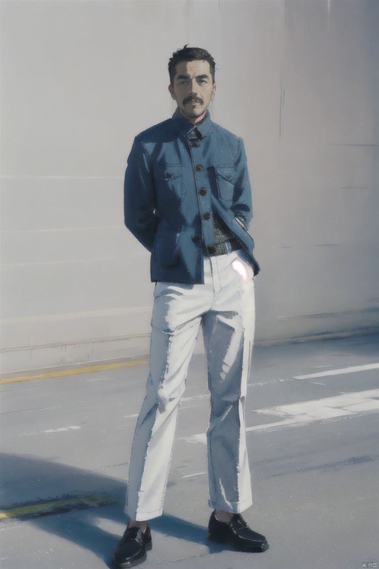 1boy, solo, male focus, black footwear, pants, facial hair, full body, pocket, black hair, standing, arms behind back, simple background, grey jacket, white background, white pants, mustache, looking at viewer, jacket, shoes, shirt, smile, uniform