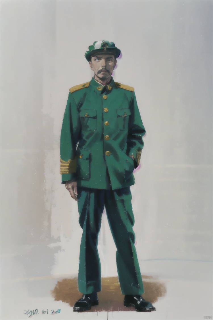 1boy, solo, male focus, green headwear, hat, black footwear, military, pants, green jacket, simple background, standing, facial hair, military uniform, uniform, full body, white background, long sleeves, pocket, jacket, green pants, mustache, military hat, closed mouth, dated, shoes, closed eyes, signature