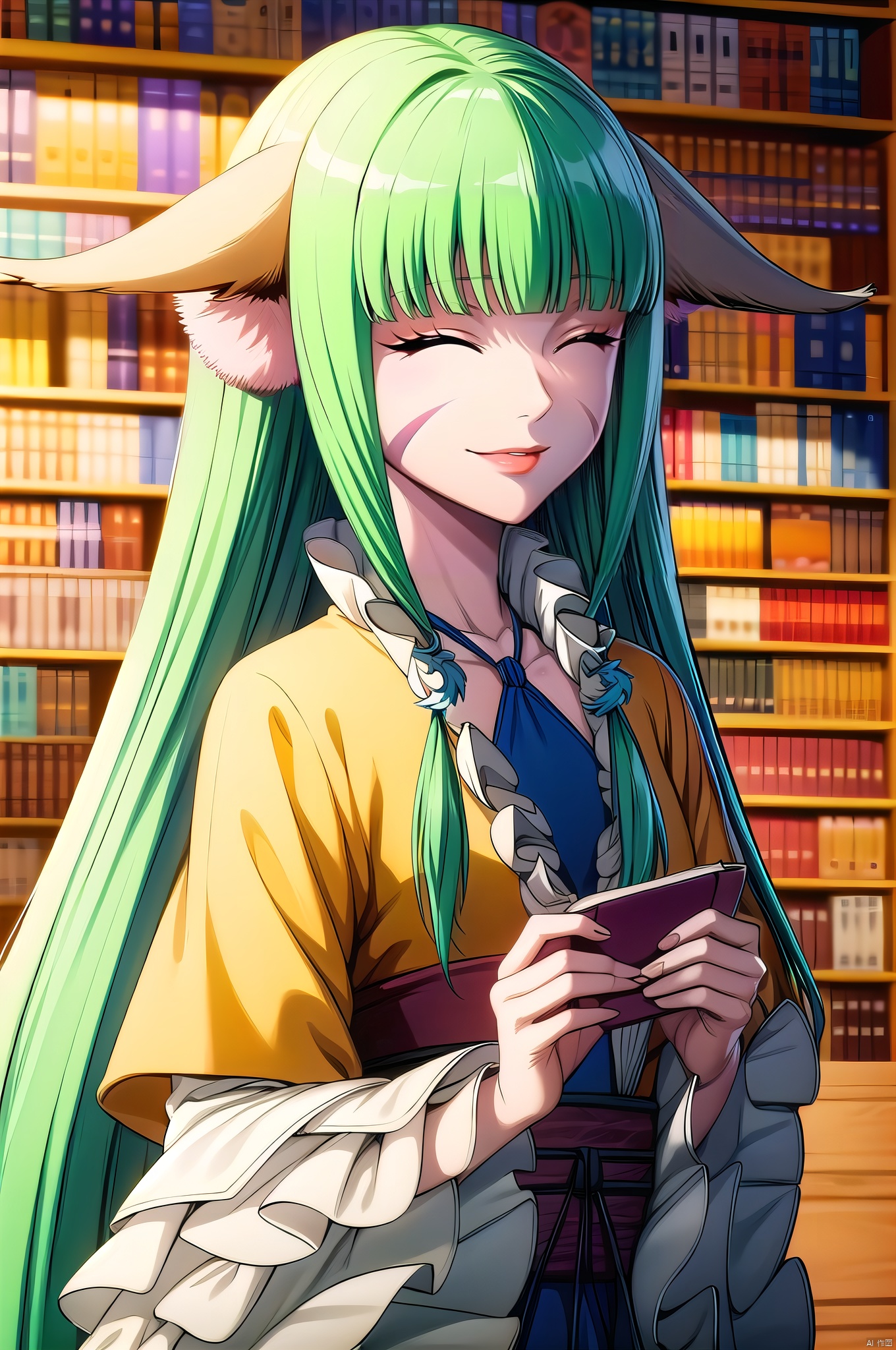 Rongrong, 1girl, solo, animal ears, long hair, closed eyes, green hair, book, facial mark, smile, blunt bangs, bangs, holding, bookshelf,nice hands,(highres, high quality:1.3),intricate details,sharp focus,depth of field,