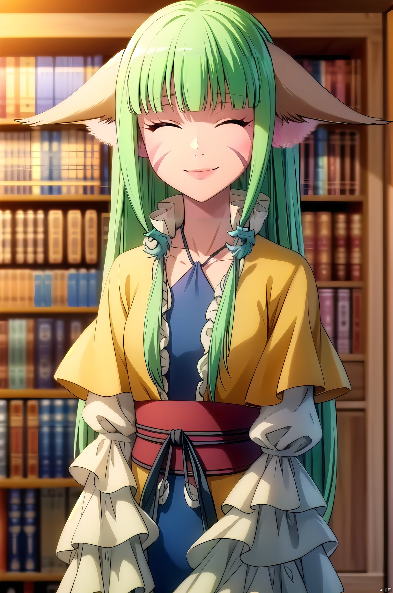 Rongrong, 1girl, solo, animal ears, long hair, closed eyes, green hair, facial mark, smile, blunt bangs, bangs, bookshelf,nice hands,(highres, high quality:1.3),intricate details,sharp focus,depth of field,sitting,arms support,