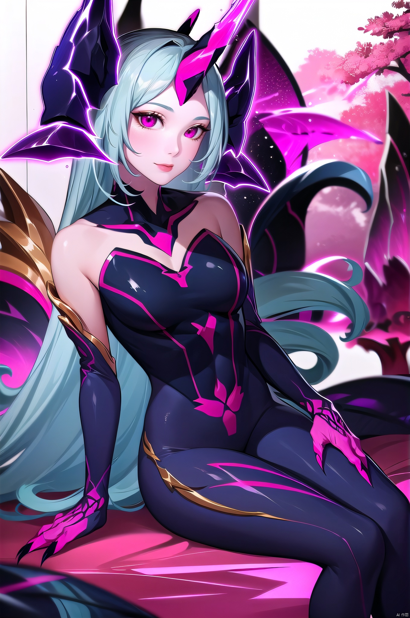 Meng, 1girl, long hair, horns, single horn, solo, very long hair, claws, blue hair, bodysuit, looking at viewer, pink eyes,nice hands,(highres, high quality:1.3),intricate details,sharp focus,depth of field,sitting,arms support,