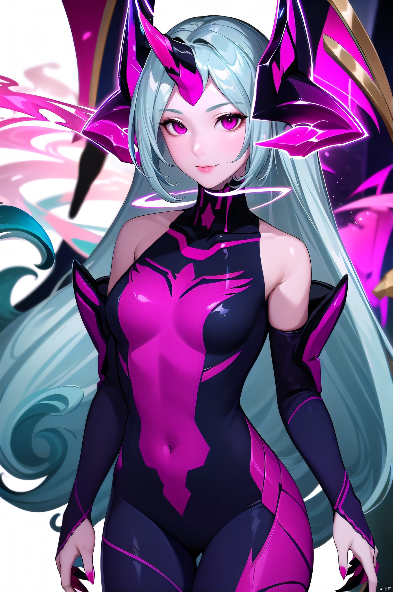 Meng, 1girl, long hair, horns, single horn, solo, very long hair, claws, blue hair, bodysuit, looking at viewer, pink eyes,nice hands,(highres, high quality:1.3),intricate details,sharp focus,depth of field,