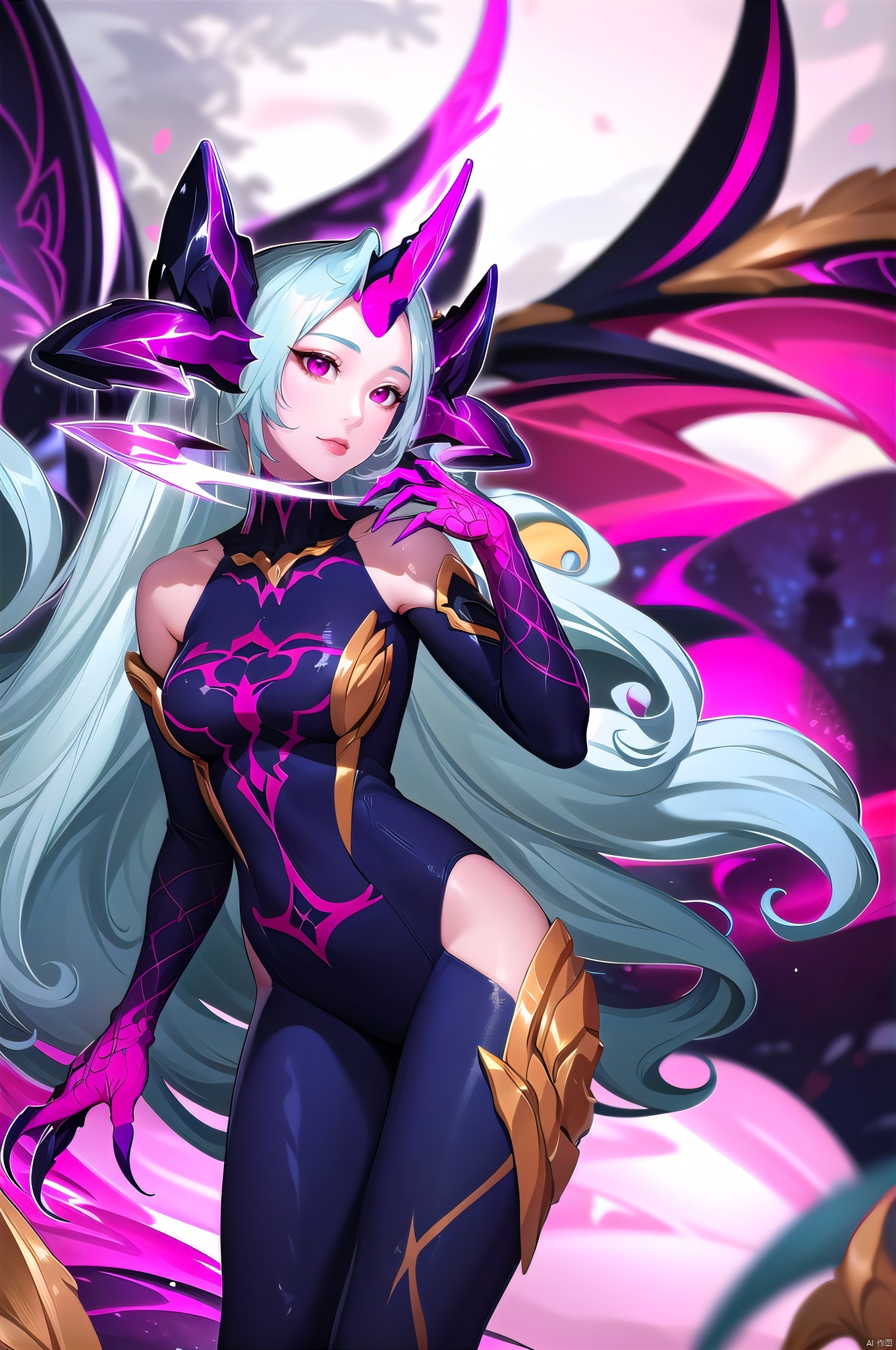 Meng, 1girl, long hair, horns, single horn, solo, very long hair, claws, blue hair, bodysuit, looking at viewer, pink eyes,nice hands,(highres, high quality:1.3),intricate details,sharp focus,depth of field,