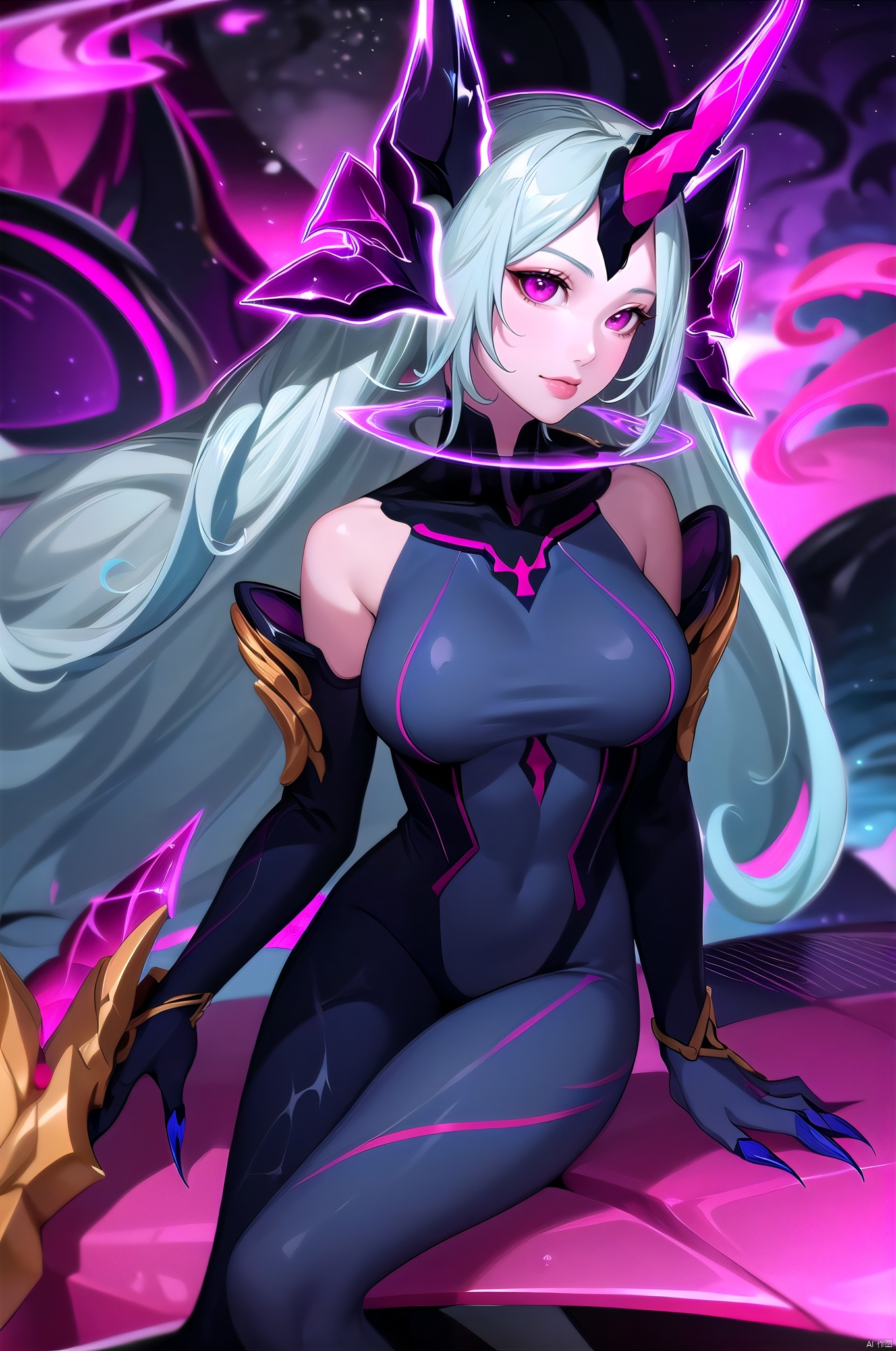 Meng, 1girl, long hair, horns, single horn, solo, very long hair, claws, blue hair, bodysuit, looking at viewer, pink eyes,nice hands,(highres, high quality:1.3),intricate details,sharp focus,depth of field,sitting,arms support,large breasts,