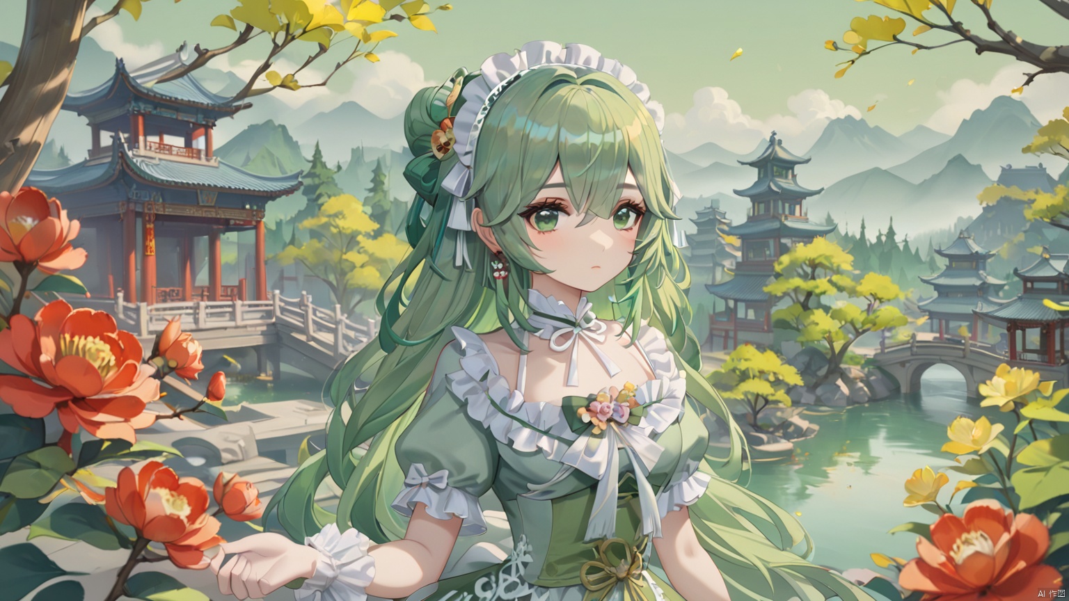 1girl, beautiful face, Green hair, Lolita dress,Chinese build,trees,guochao,oil painting